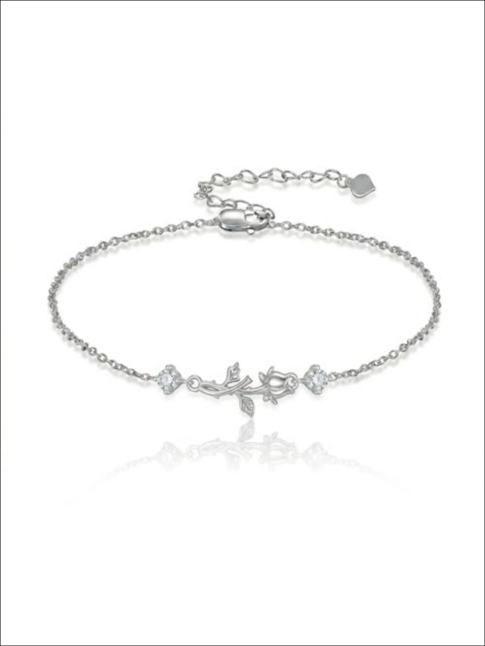 Sterling Silver Diamond Rose Flower Bracelet Adjustable Chain Gift